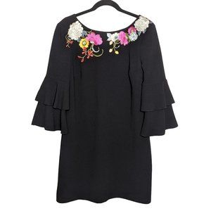 Trina Turk Leona embroidered V-back Sheath‎ black Tiered ruffled sleeves dress 8